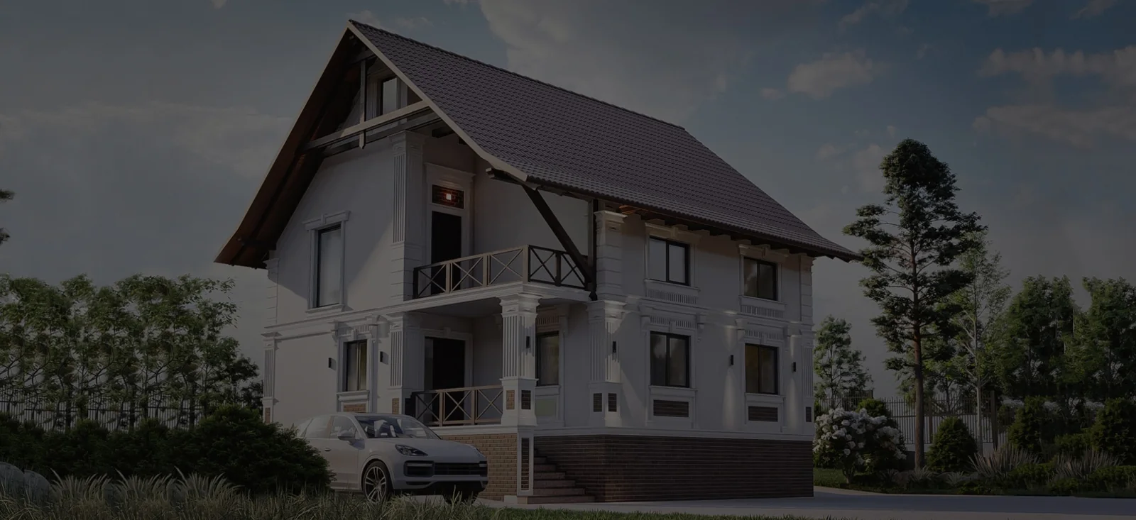 Proiect de casă cu fațadă clasică și elemente decorative
